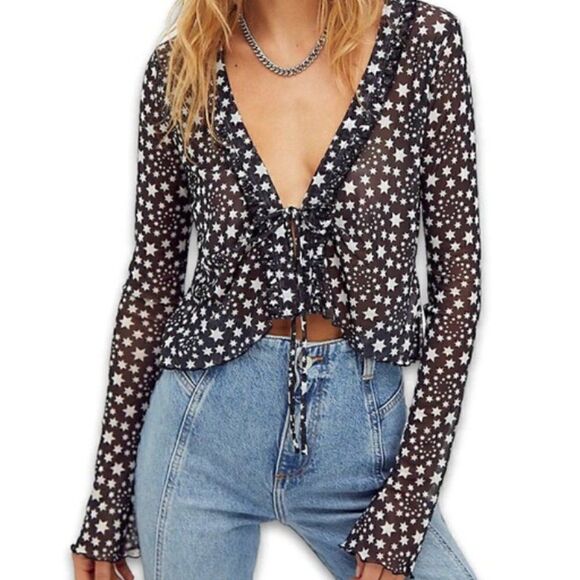 Free People Womens Marne Mesh Sheer Black White Star Cropped Wrap Top Sz M - Picture 1 of 10